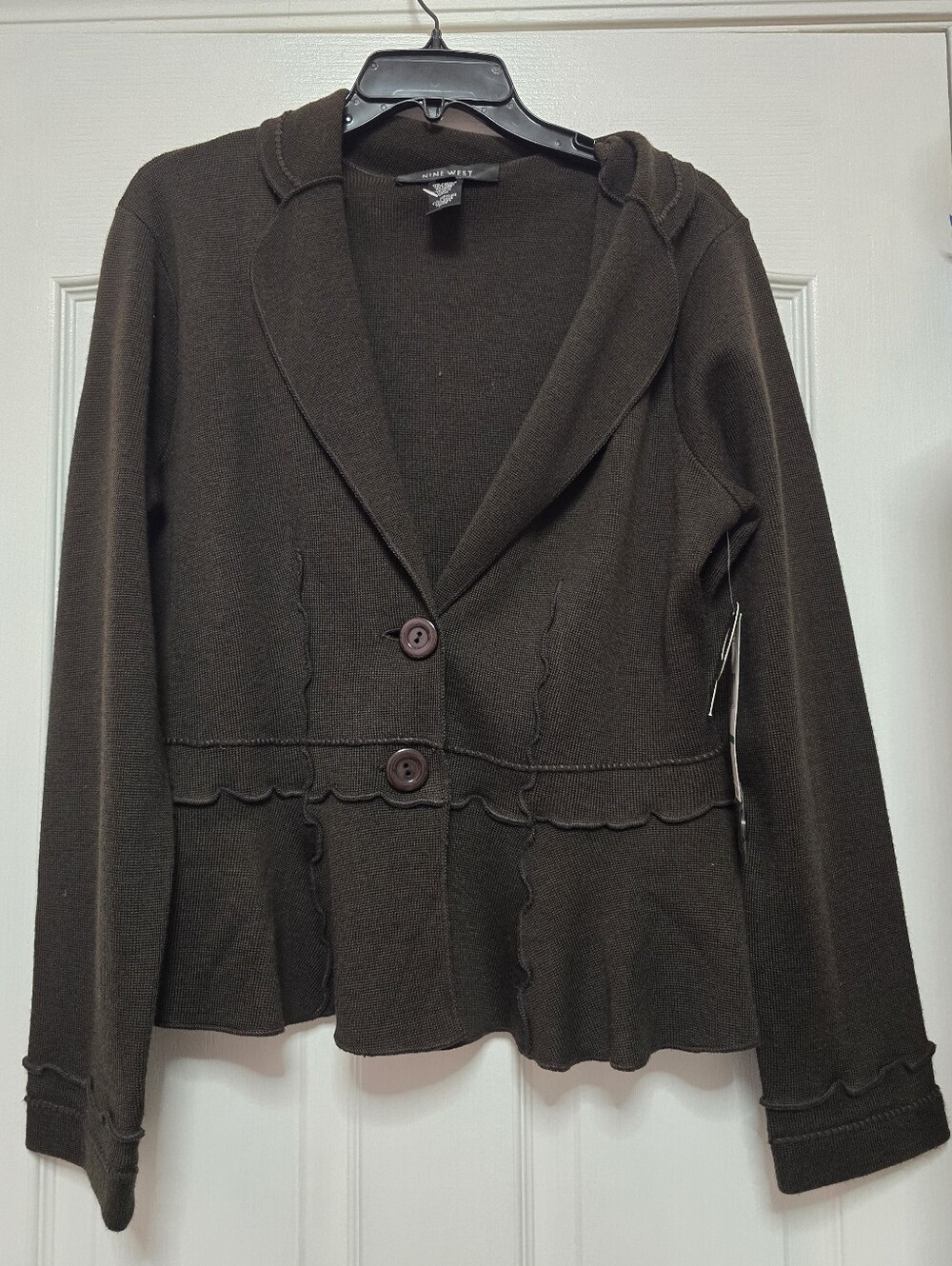 Nine West Knit Blazer with Ruffle Trim - Brown, size Large
